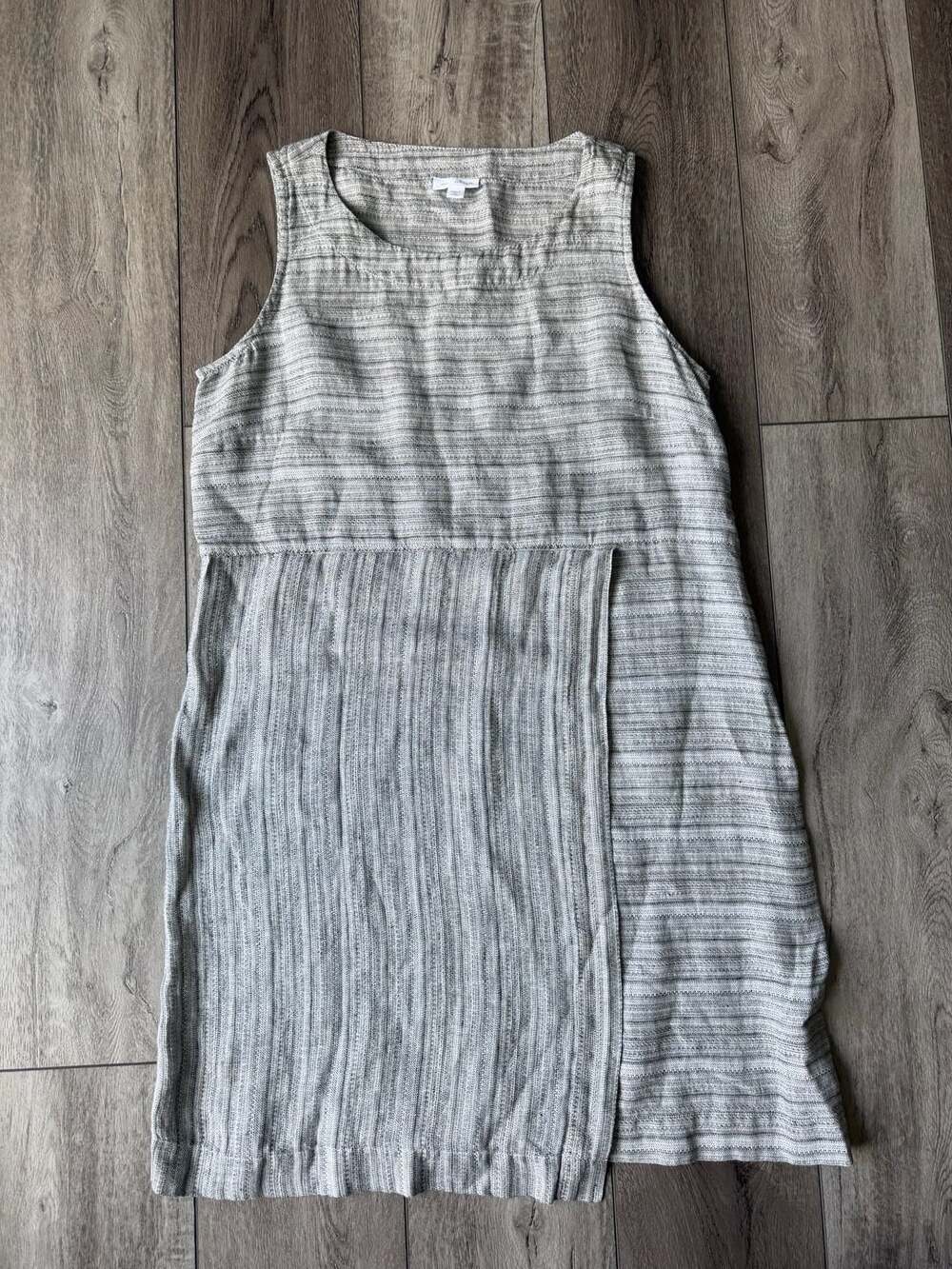 Pure Jill Linen Gray Stripe Sleeveless Faux Wrap Midi Dress Medium Petite